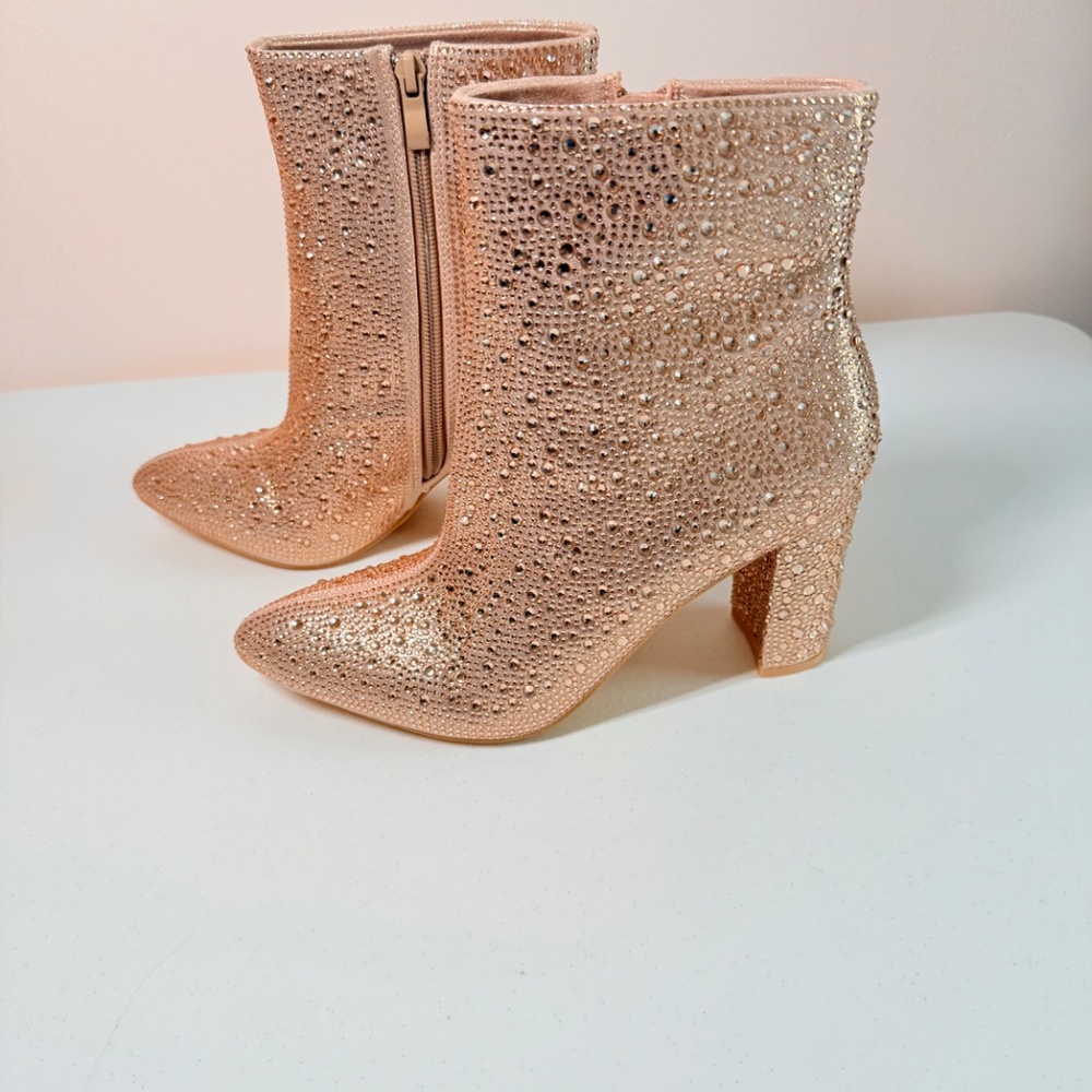 * Berness Rose Gold Ankle Boots With Rhinestone Embellishments 3" Block Heel - Picture 6 of 8